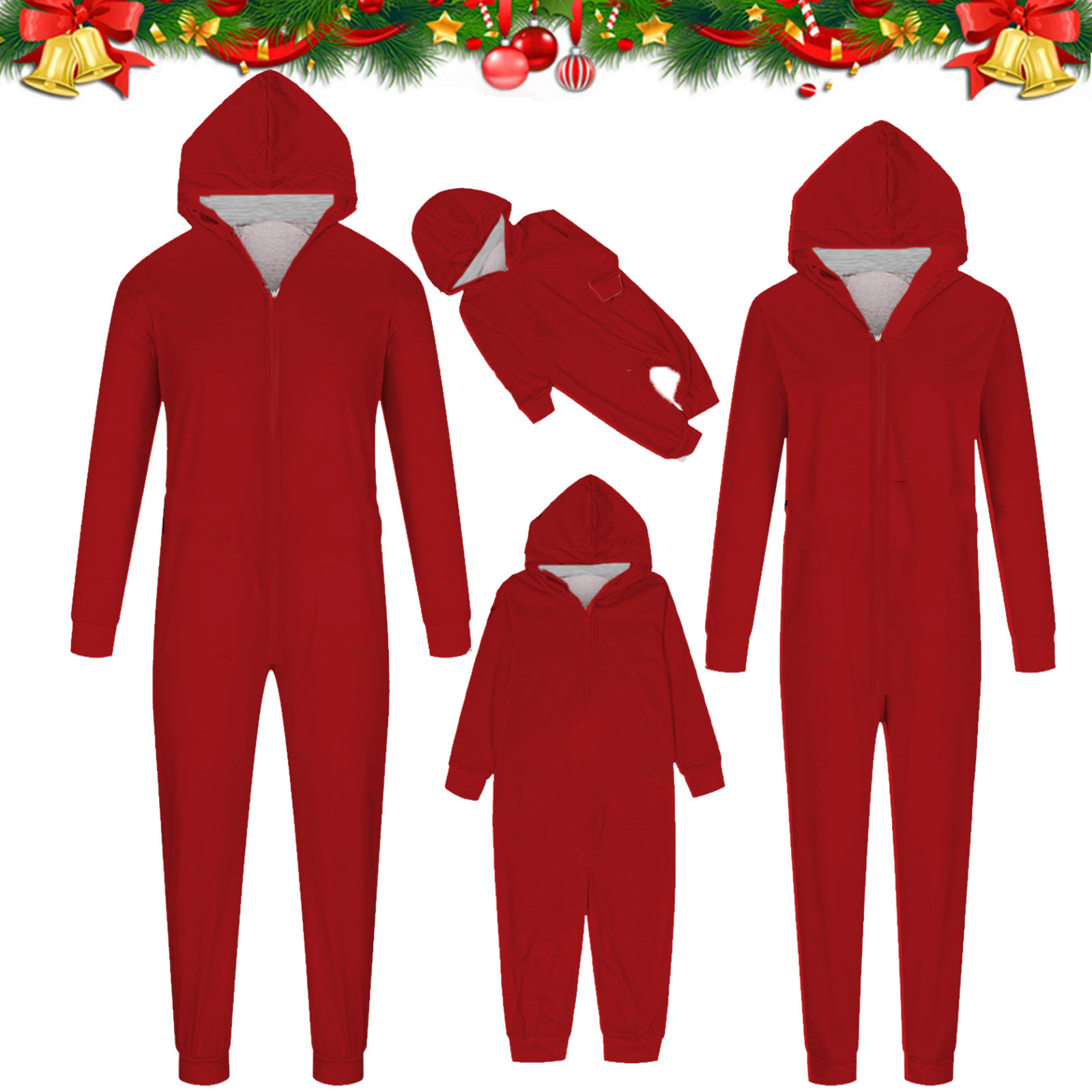 Red Christmas Family Matching Pajamas Onesies Solid Color Xmas Sleepwear with Hood Casual Zip Up Parent Kids Holiday Loungewear for Daddy